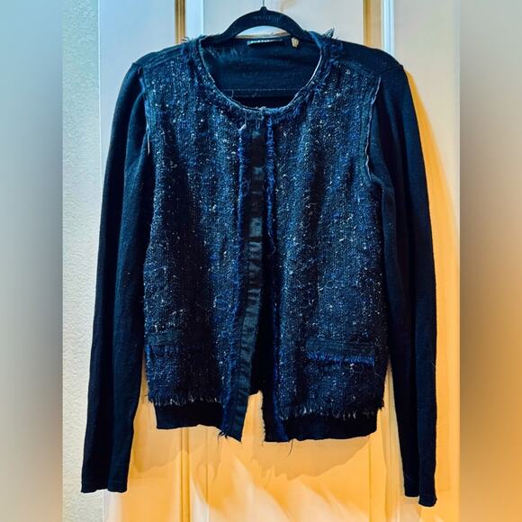 Elie Tahari Tweeded 2 Tone Black/ Blue Cardigan Sweater Size M - Picture 1 of 6
